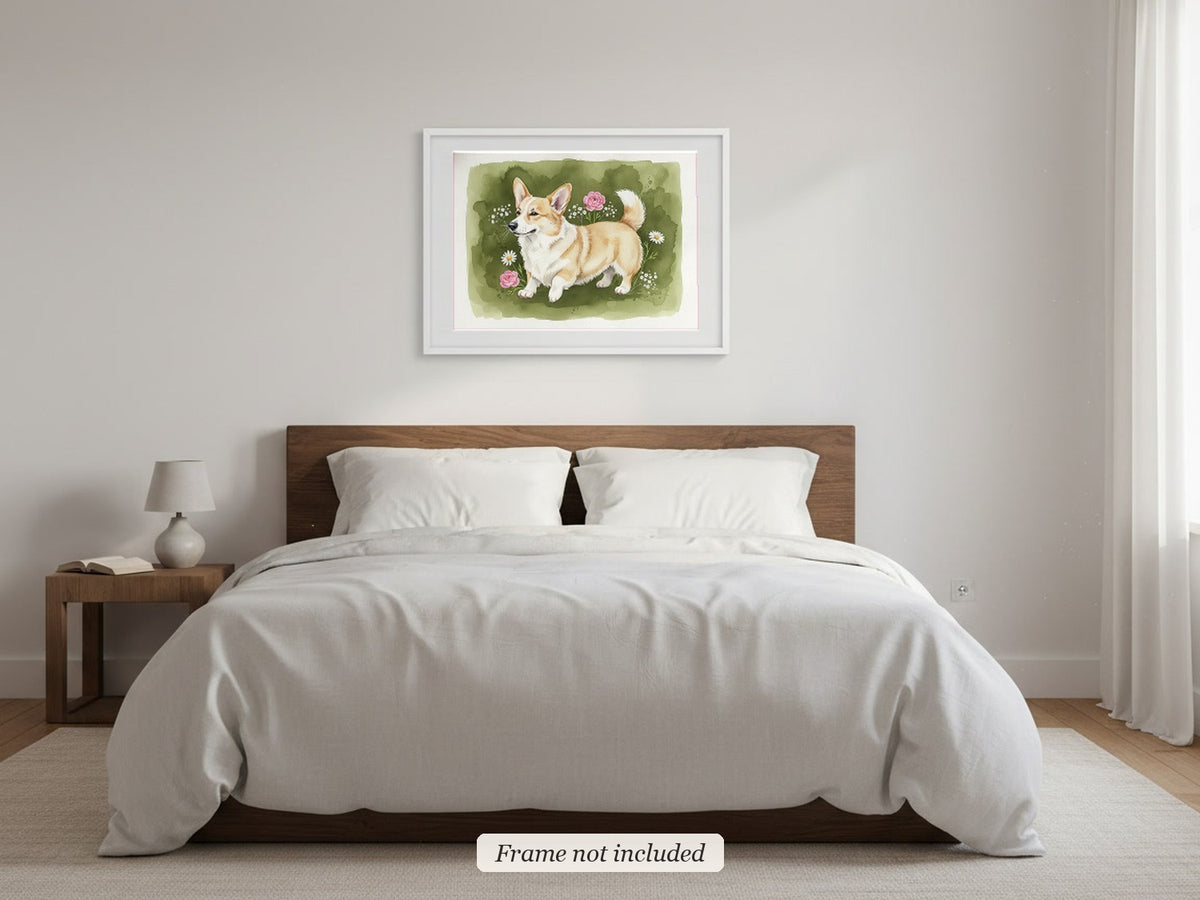 Fawn - Corgi watercolour print in a slim white frame (frame not included) in a bedroom