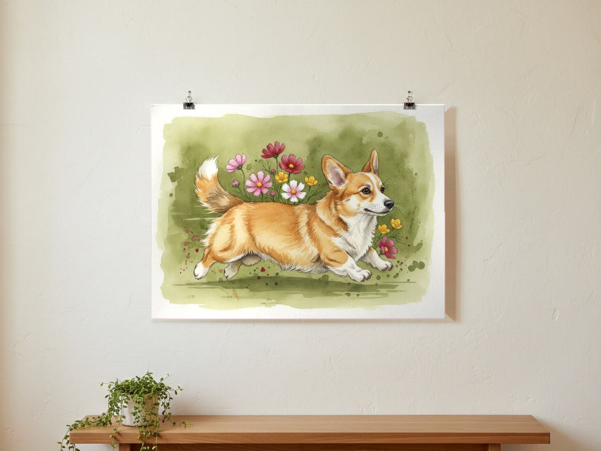 Red and White - Corgi watercolour print hung with clips on a gallery wall