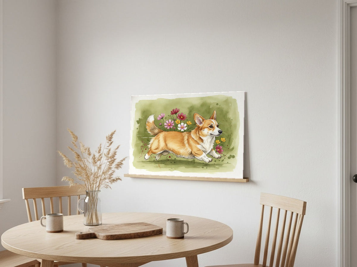 Red and White - Corgi watercolour print leaning in a kitchen nook