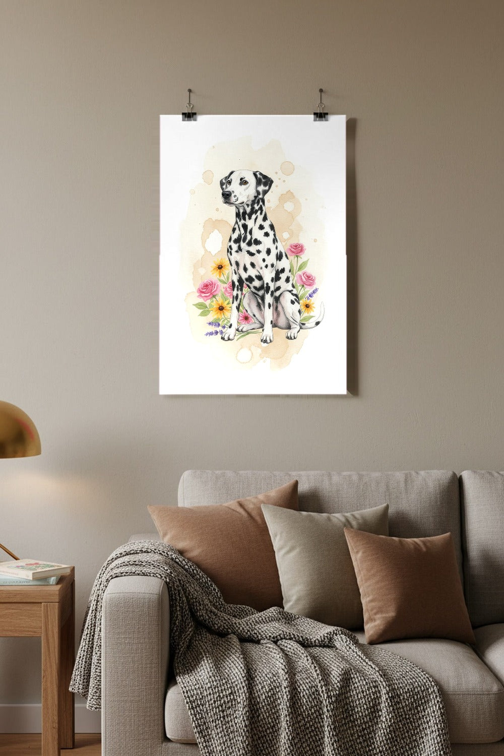 Black-Spotted - Dalmatian watercolour print hung with clips in a family living room