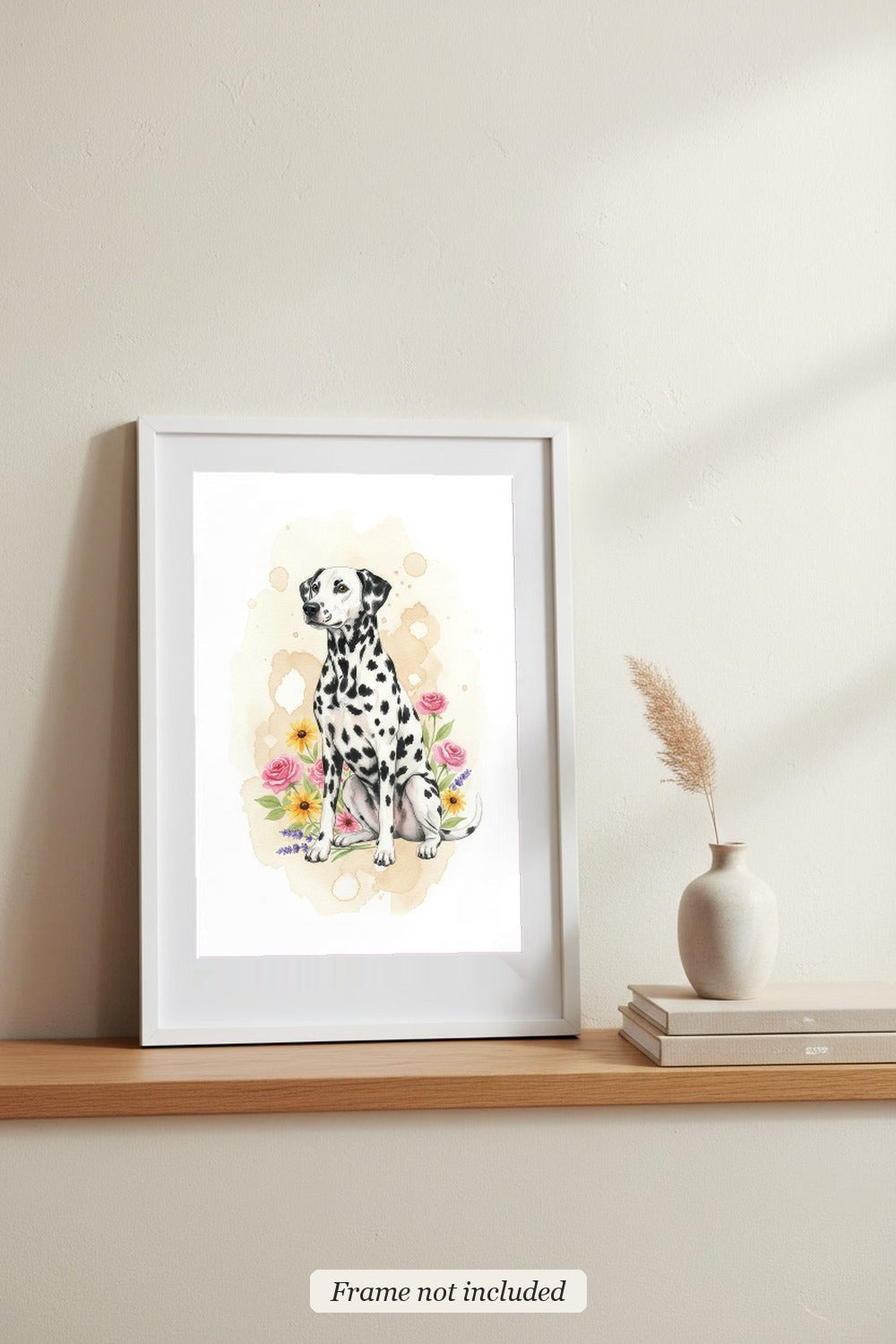 Black-Spotted - Dalmatian watercolour print in a slim white frame (frame not included), leaning on a picture ledge