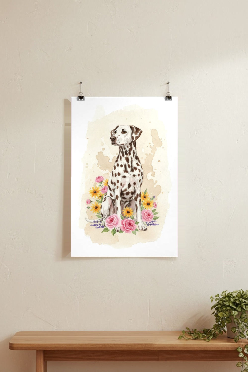 Liver-Spotted - Dalmatian watercolour print hung with clips on a gallery wall