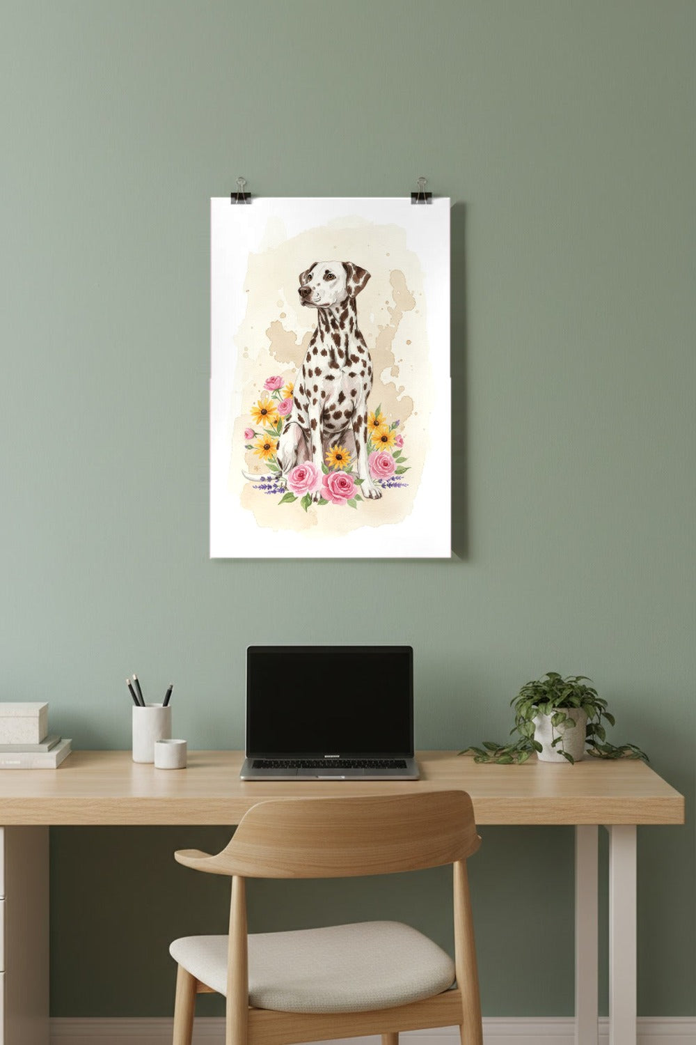 Liver-Spotted - Dalmatian watercolour print hung with clips in a home office