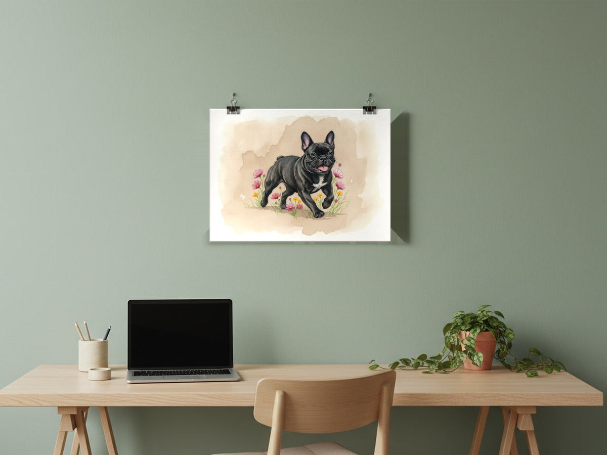 Black - French Bulldog watercolour print hung with clips in a home office