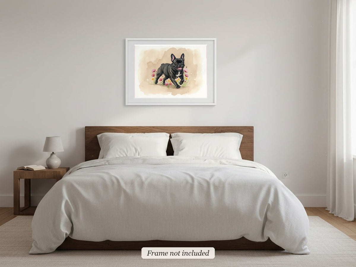 Black - French Bulldog watercolour print in a slim white frame (frame not included) in a bedroom