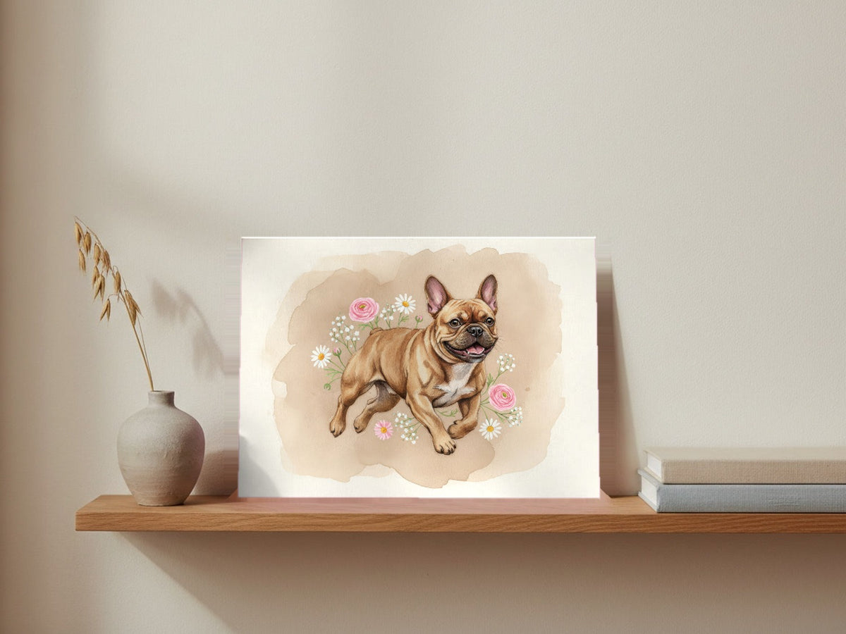 Red Fawn - French Bulldog watercolour print leaning on a picture ledge