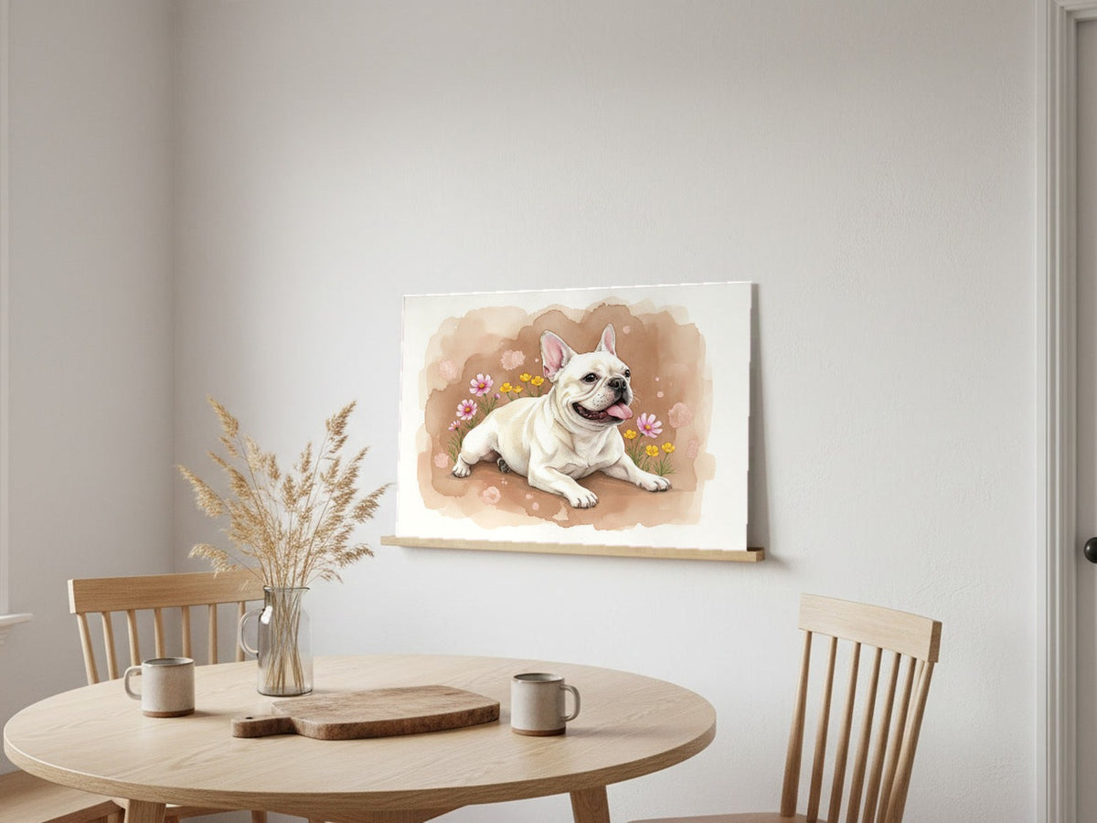Cream - French Bulldog watercolour print leaning in a kitchen nook