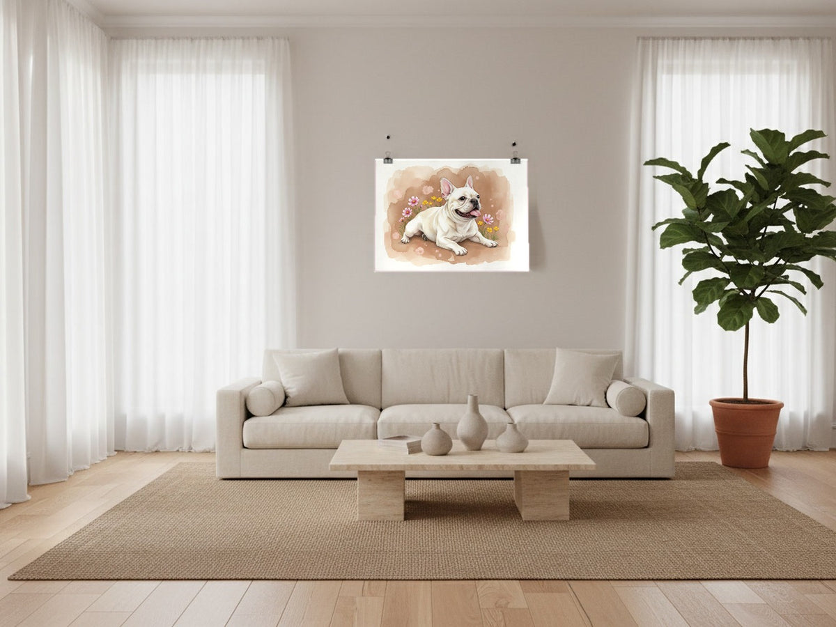 Cream - French Bulldog watercolour print hung with clips in a designer loft