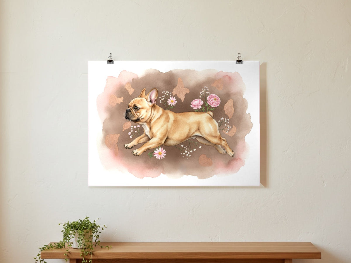 Fawn - French Bulldog watercolour print hung with clips on a gallery wall