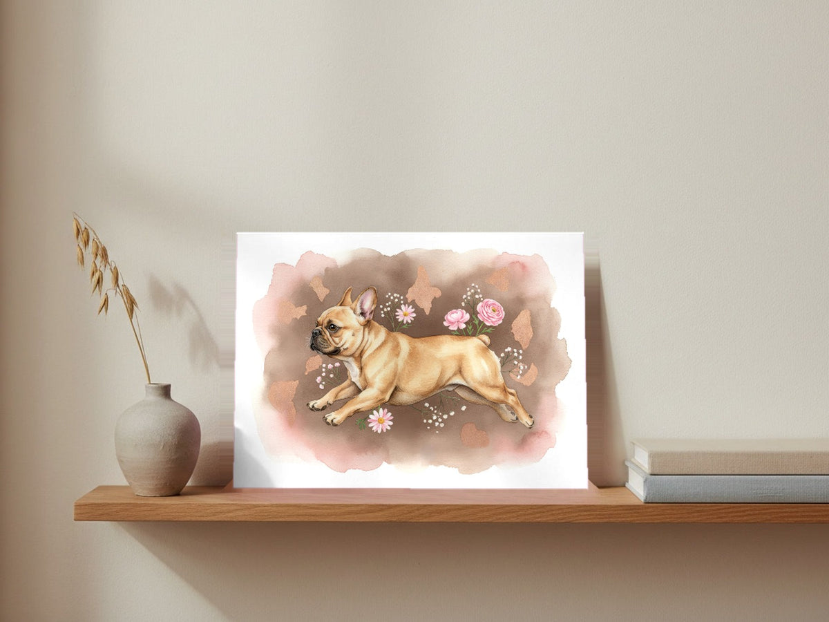 Fawn - French Bulldog watercolour print leaning on a picture ledge