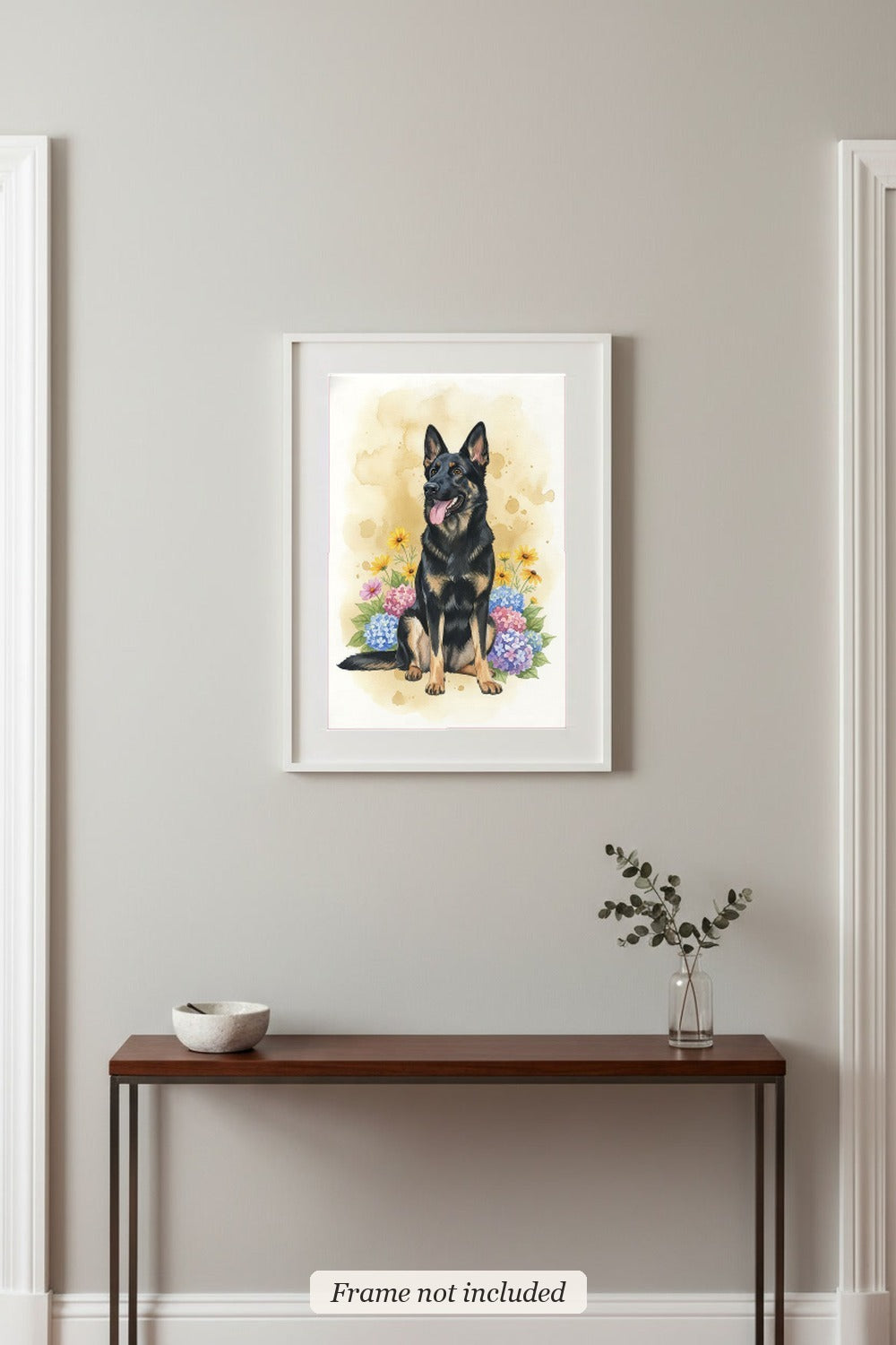 Bicolour - German Shepherd watercolour print in a slim white frame (frame not included) in an entrance hall