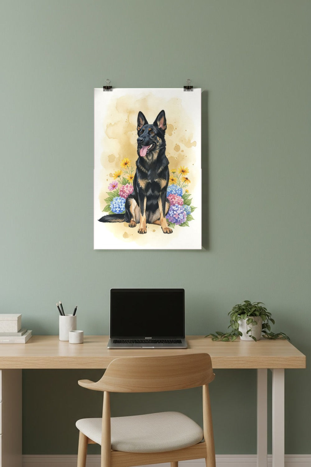 Bicolour - German Shepherd watercolour print hung with clips in a home office
