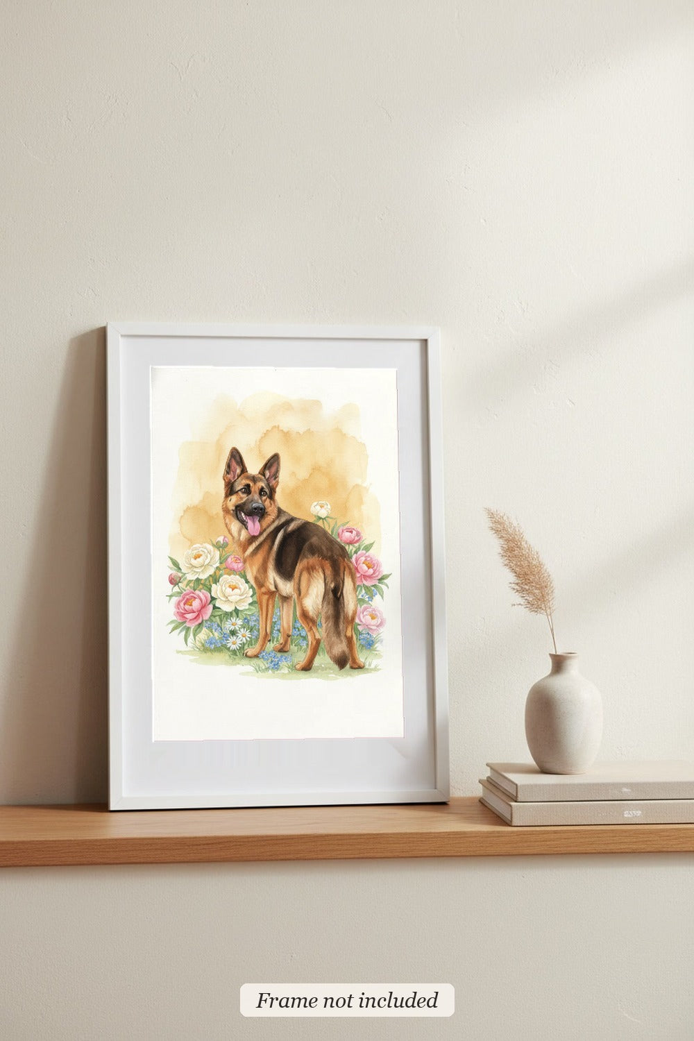 Sable - German Shepherd watercolour print in a slim white frame (frame not included), leaning on a picture ledge