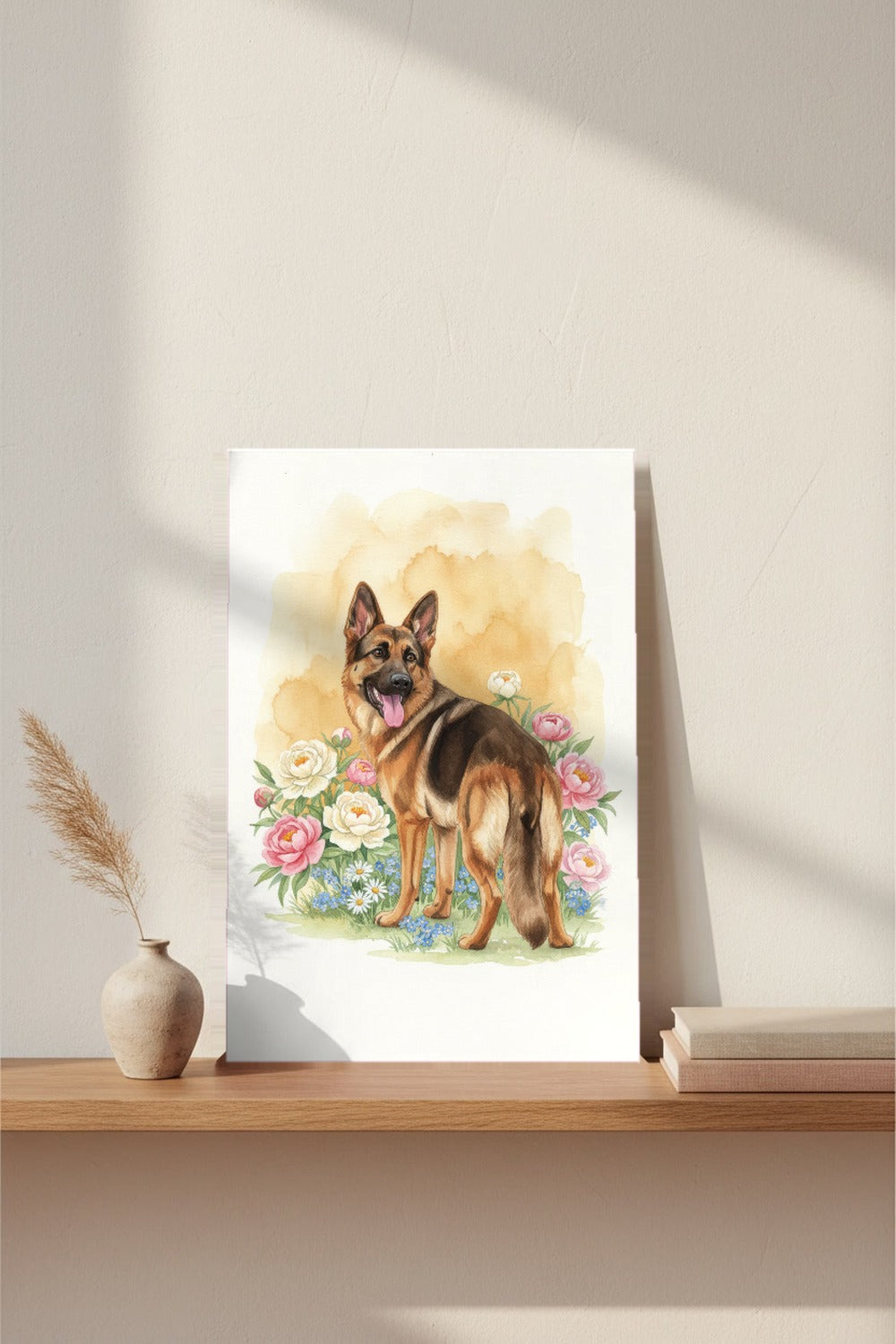 Sable - German Shepherd watercolour print leaning on a picture ledge