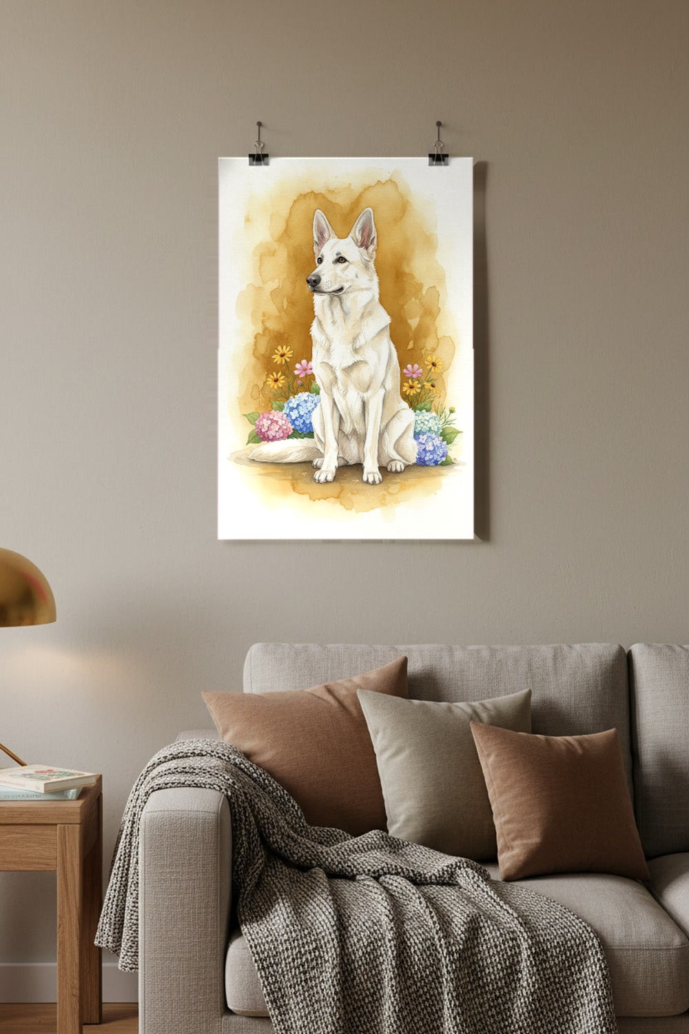 White - German Shepherd watercolour print hung with clips in a family living room