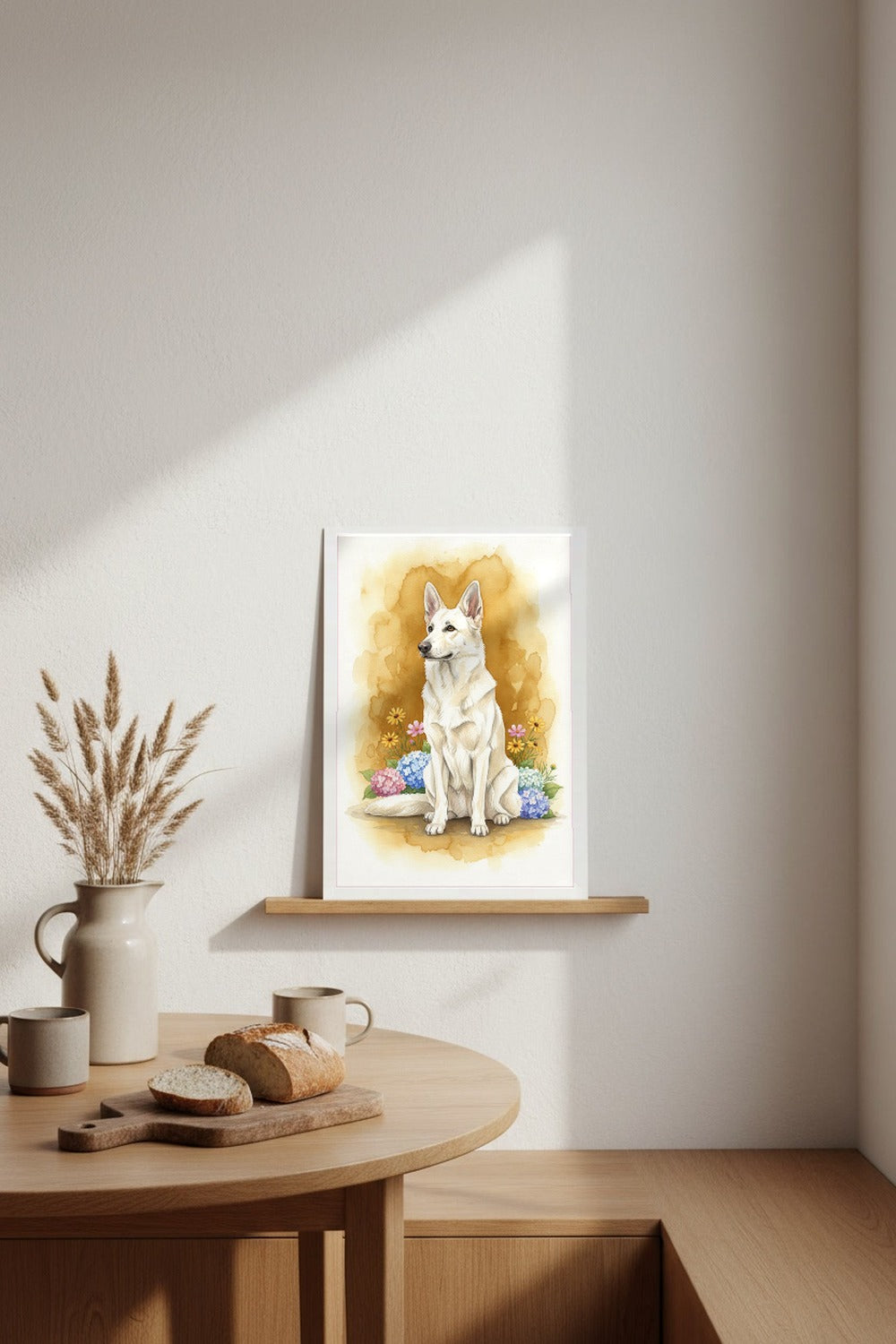 White - German Shepherd watercolour print leaning in a kitchen nook