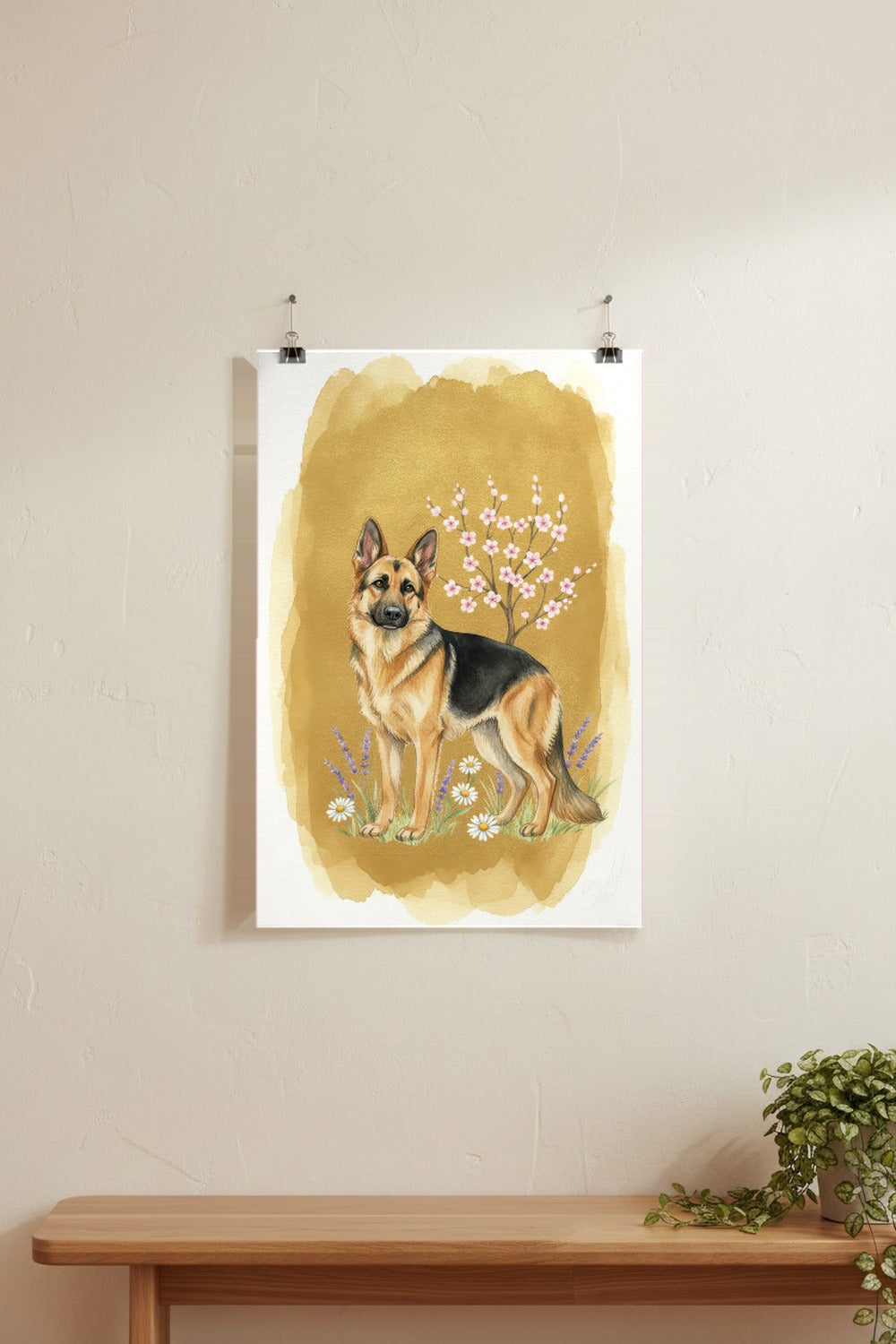 Black and Tan - German Shepherd watercolour print hung with clips on a gallery wall