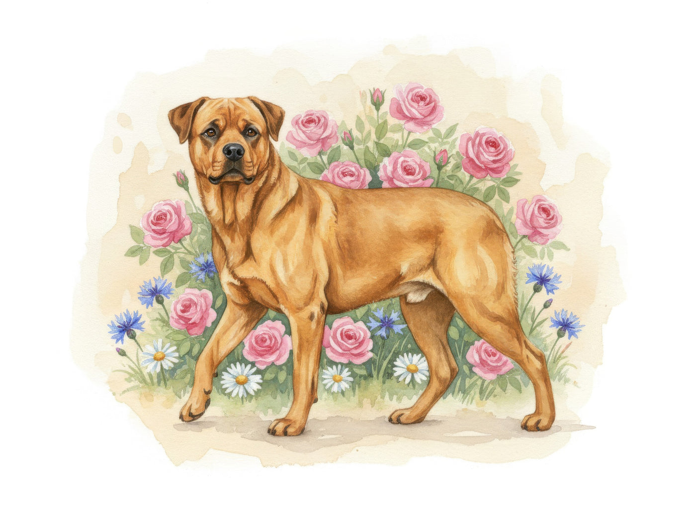 Watercolour portrait of a golden-coated Rottweiler