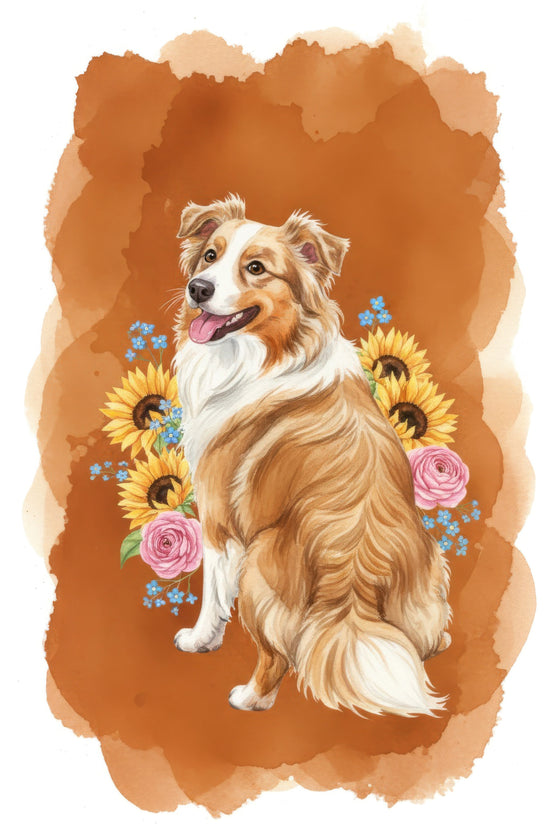 Watercolour portrait of a golden-coated Australian Shepherd