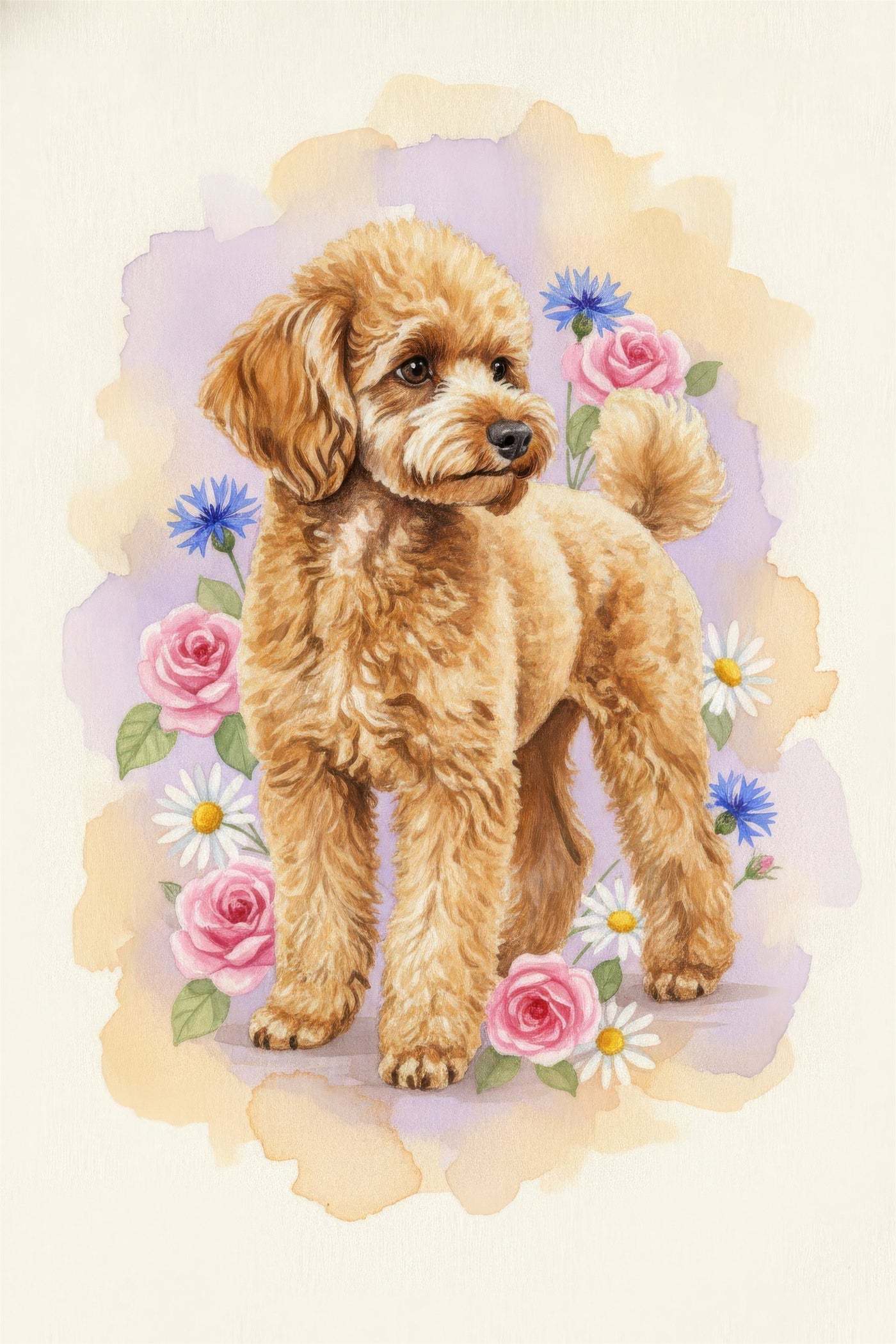 Watercolour portrait of a golden-coated Miniature Poodle