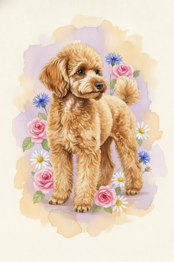 Watercolour portrait of a golden-coated Miniature Poodle