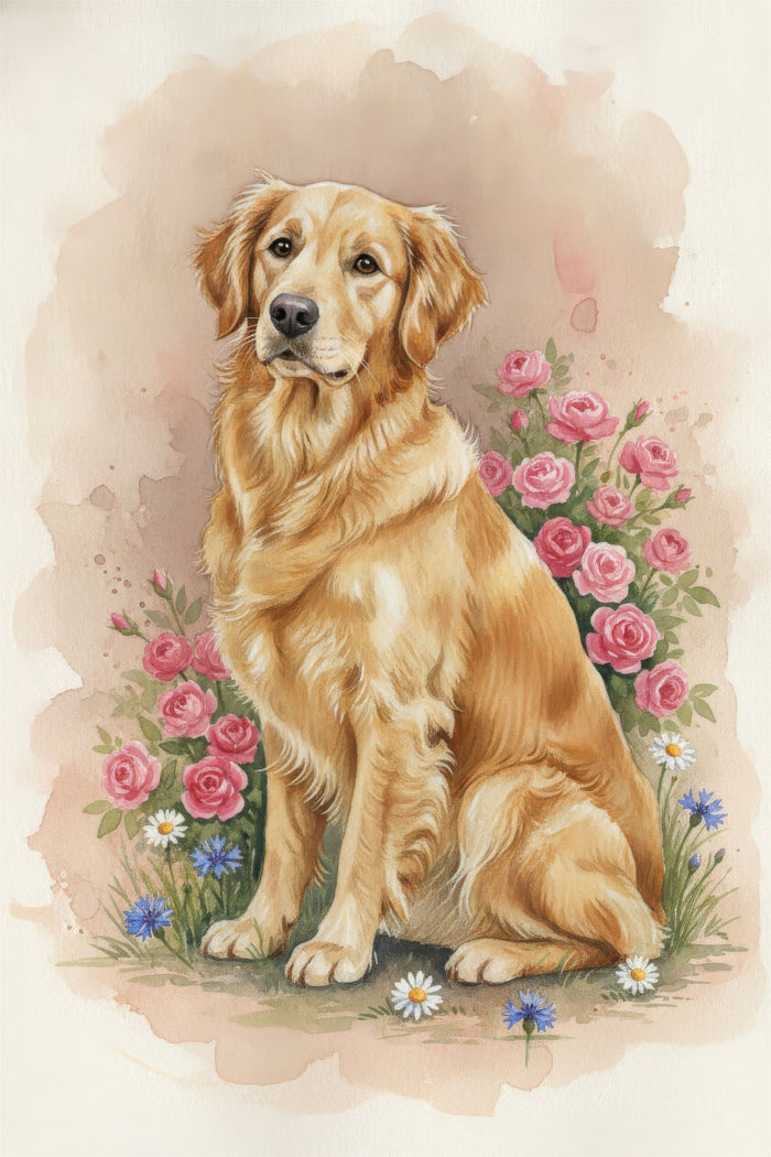 Watercolour portrait of a golden-coated Golden Retriever