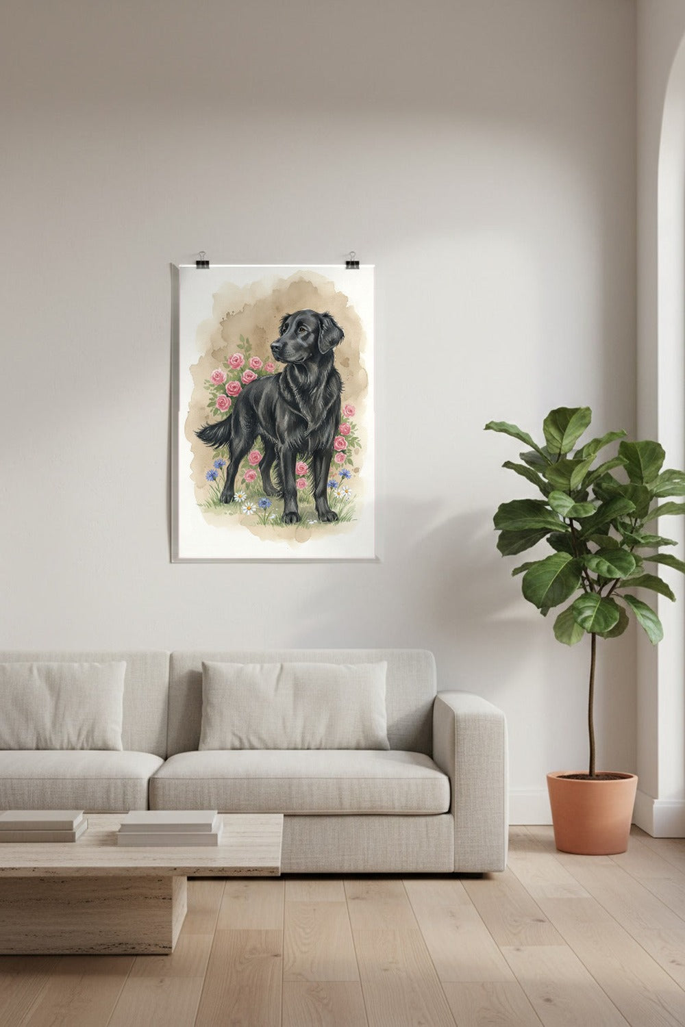 Black - Golden Retriever watercolour print hung with clips in a designer loft
