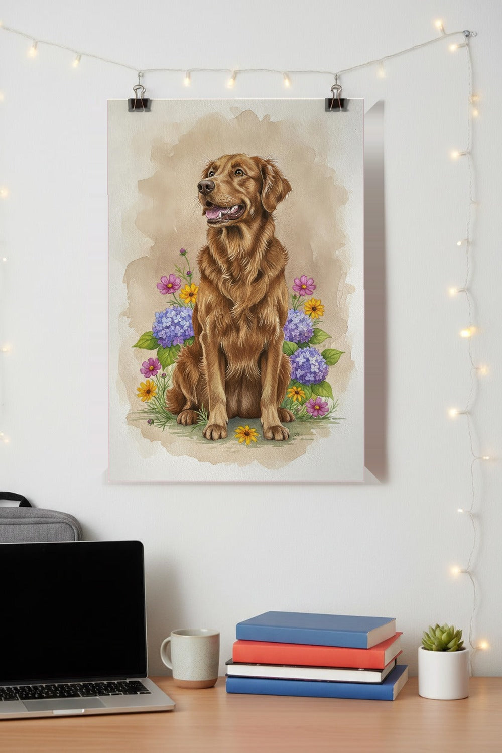 Dark Red - Golden Retriever watercolour print hung with clips above a student desk