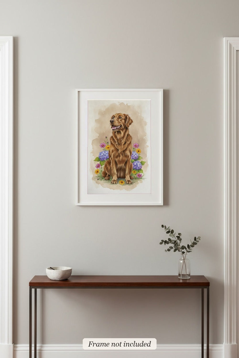 Dark Red - Golden Retriever watercolour print in a slim white frame (frame not included) in an entrance hall
