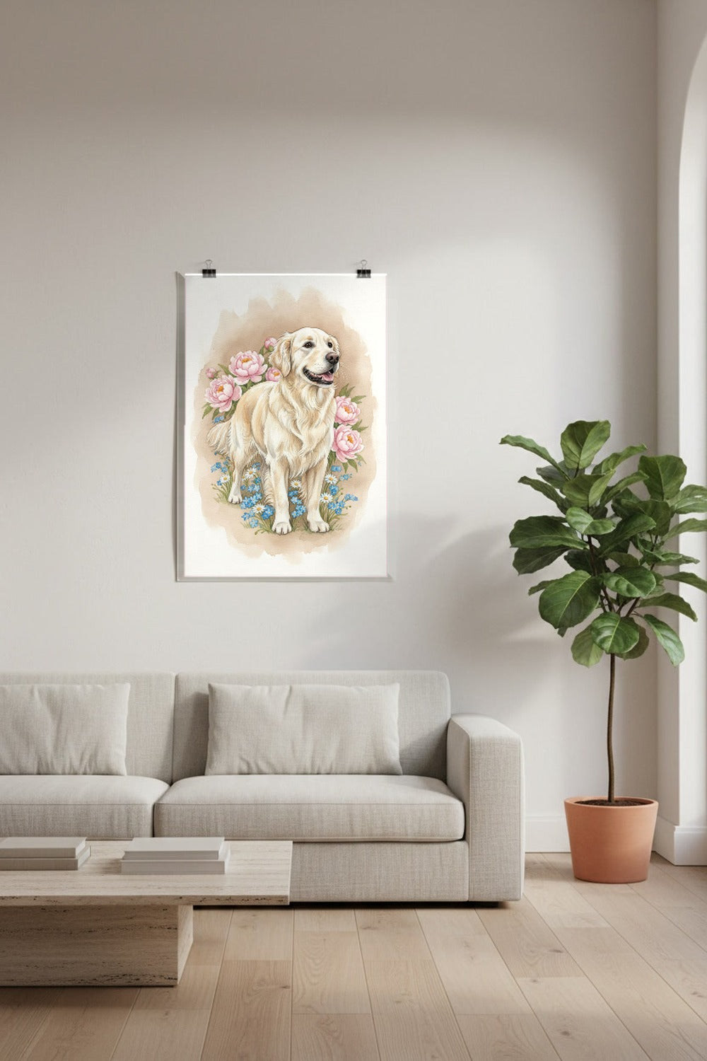 Cream - Golden Retriever watercolour print hung with clips in a designer loft