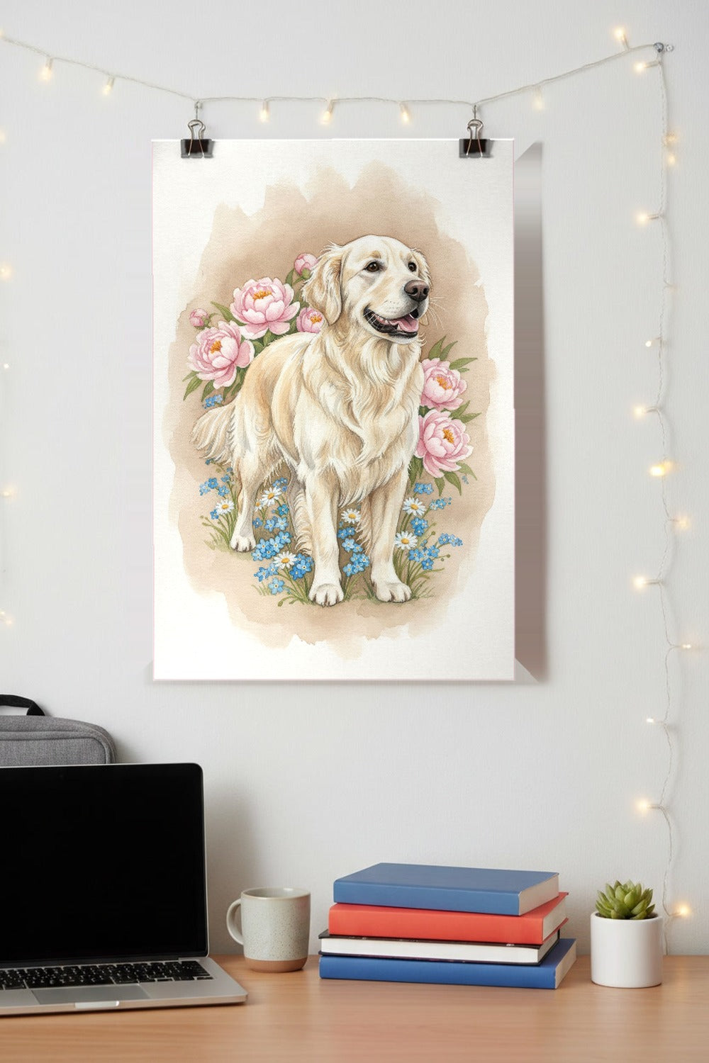 Cream - Golden Retriever watercolour print hung with clips above a student desk