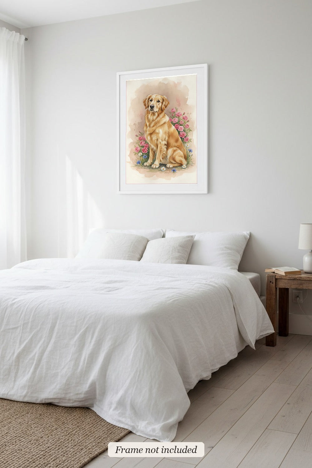 Golden - Golden Retriever watercolour print in a slim white frame (frame not included) in a bedroom