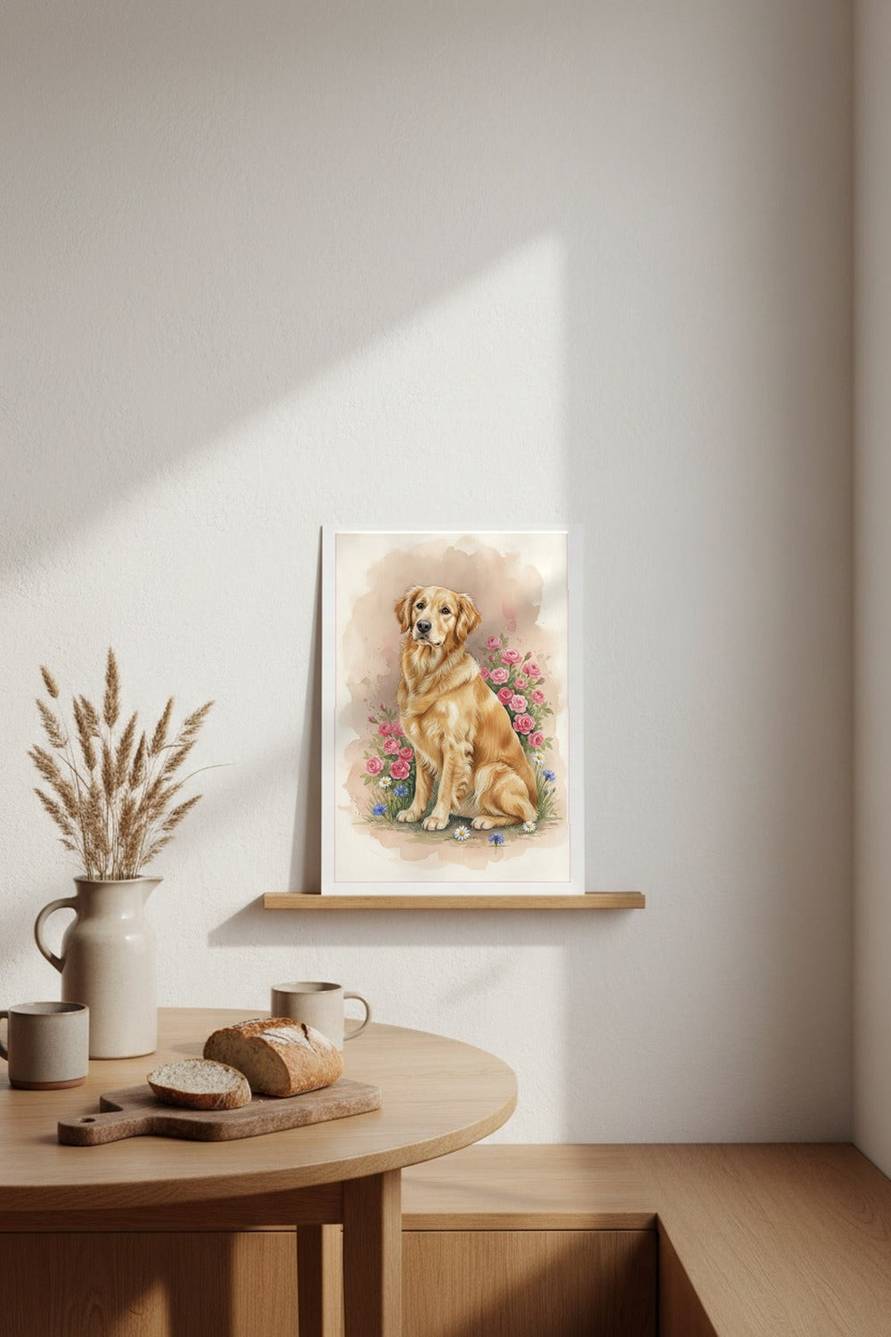Golden - Golden Retriever watercolour print leaning in a kitchen nook