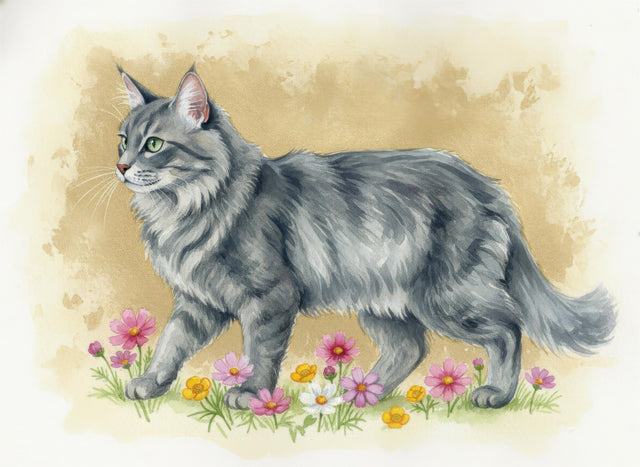 Norwegian Forest Cat watercolour portrait