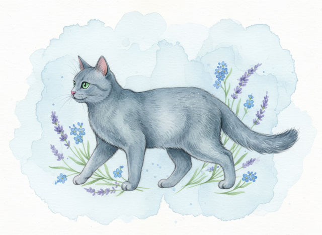 Russian Blue Cat watercolour portrait