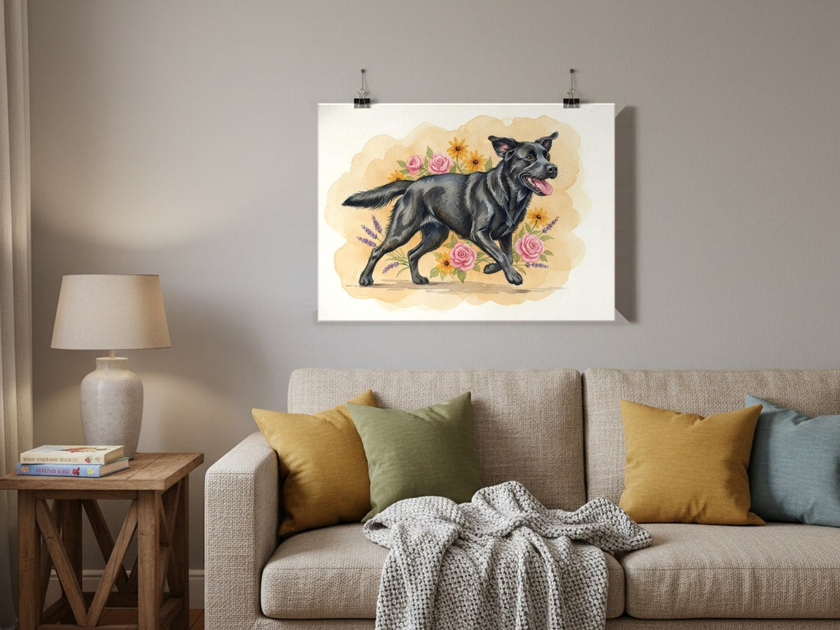 Black - Labrador Retriever watercolour print hung with clips in a family living room