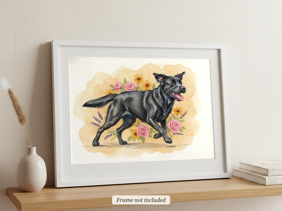 Black - Labrador Retriever watercolour print in a slim white frame (frame not included), leaning on a picture ledge