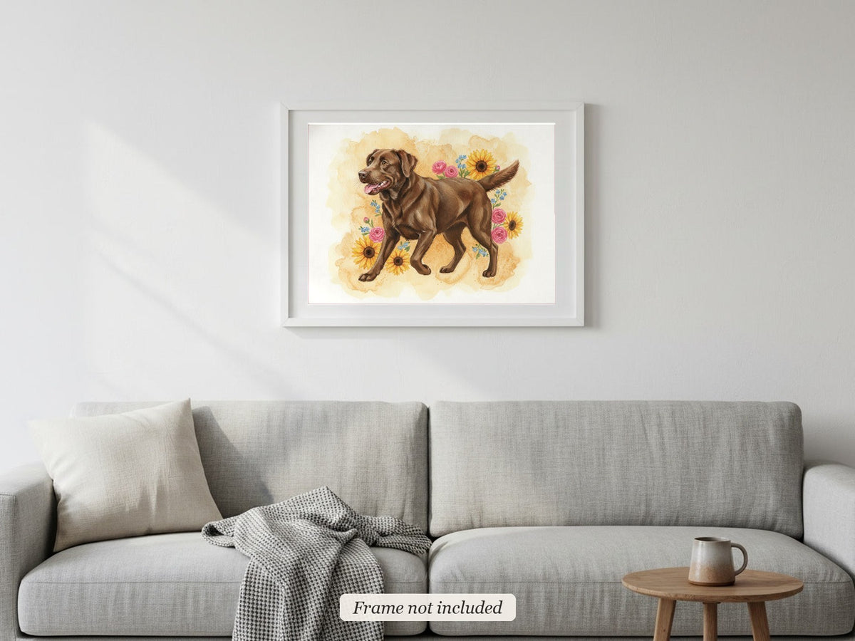 Chocolate - Labrador Retriever watercolour print in a slim white frame (frame not included) above a sofa