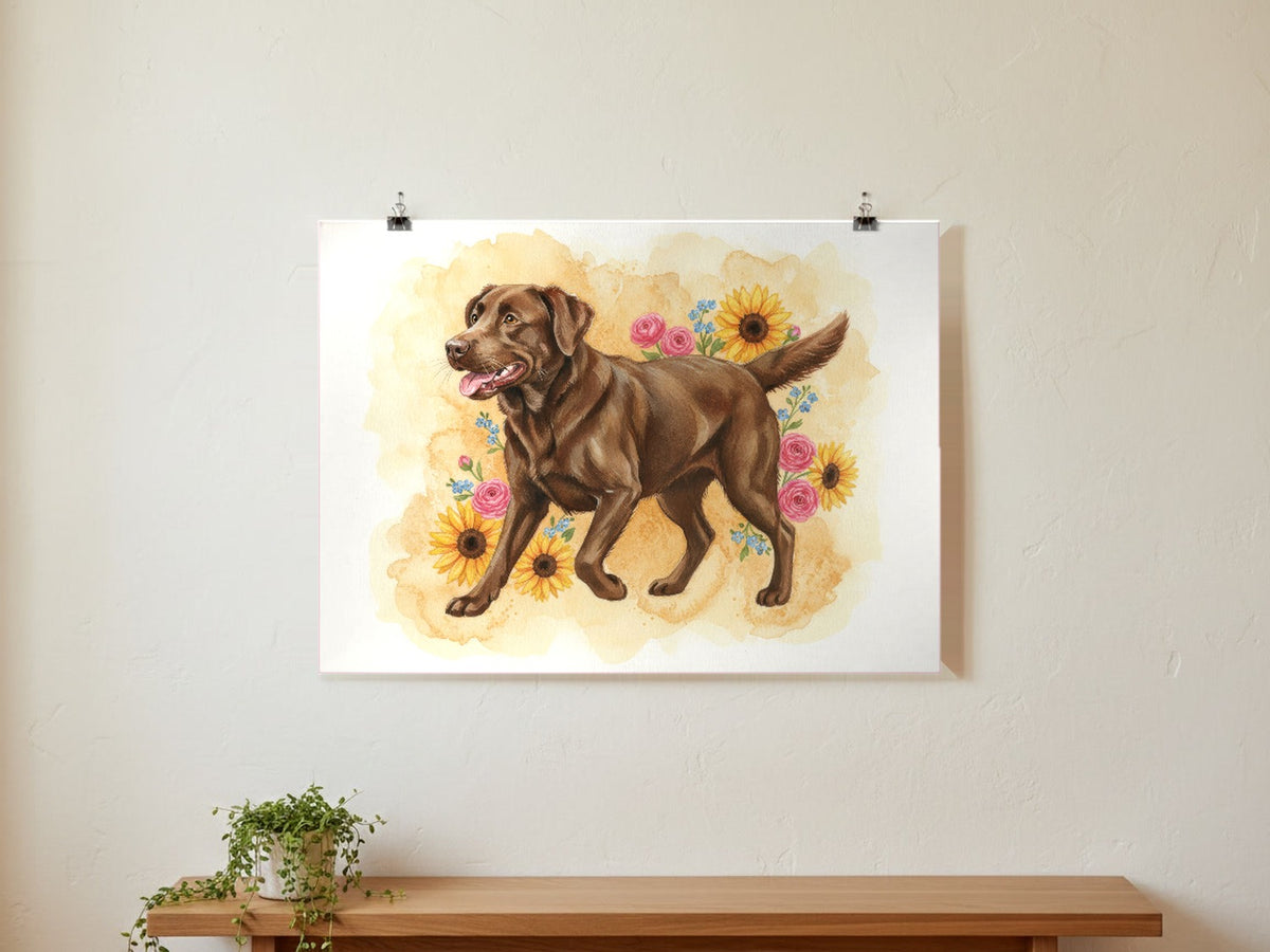 Chocolate - Labrador Retriever watercolour print hung with clips on a gallery wall