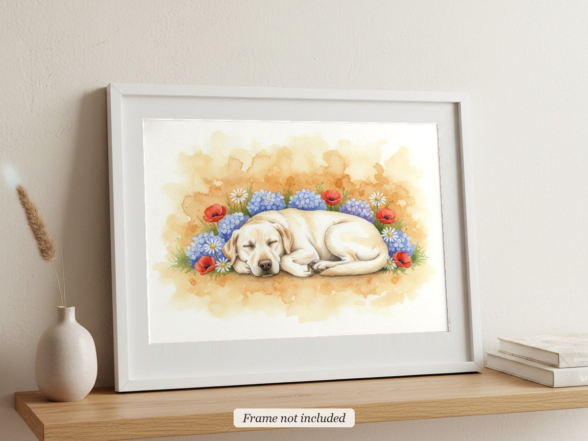 Cream - Labrador Retriever watercolour print in a slim white frame (frame not included), leaning on a picture ledge