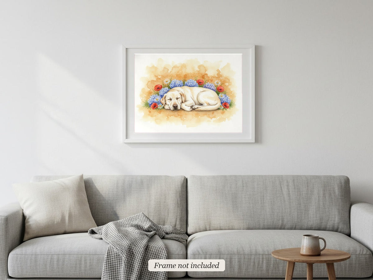 Cream - Labrador Retriever watercolour print in a slim white frame (frame not included) above a sofa