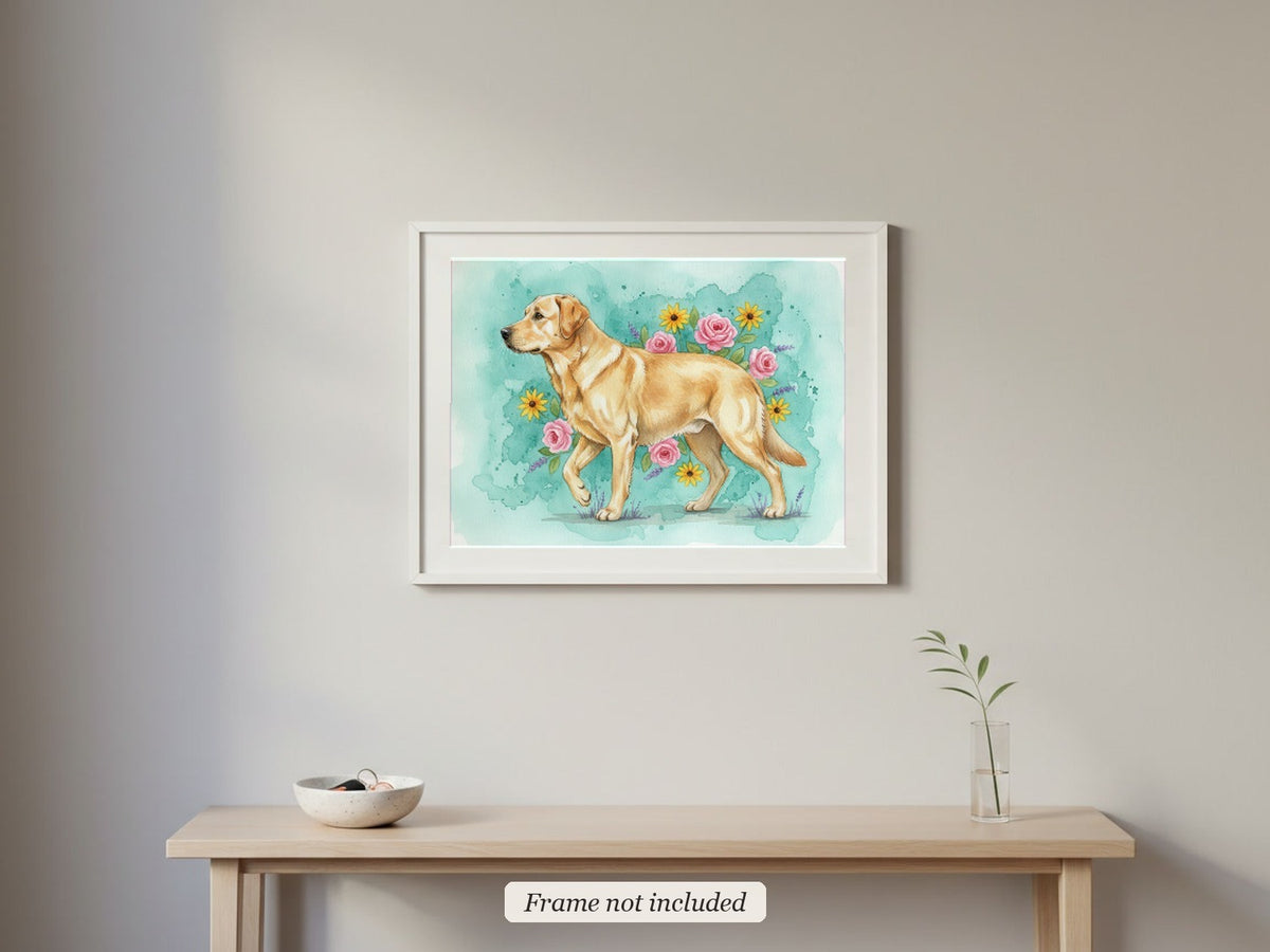 Yellow - Labrador Retriever watercolour print in a slim white frame (frame not included) in an entrance hall