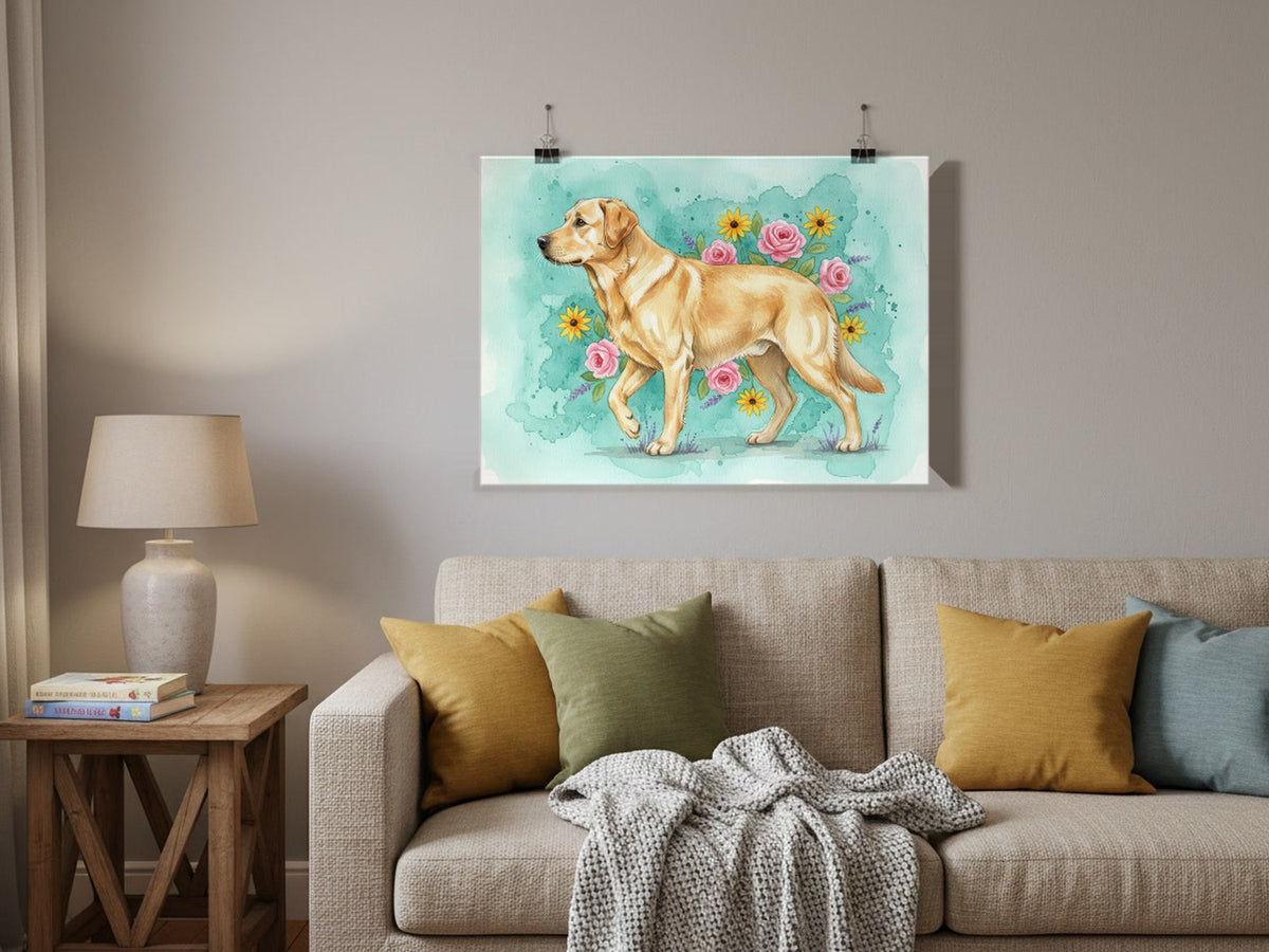 Yellow - Labrador Retriever watercolour print hung with clips in a family living room