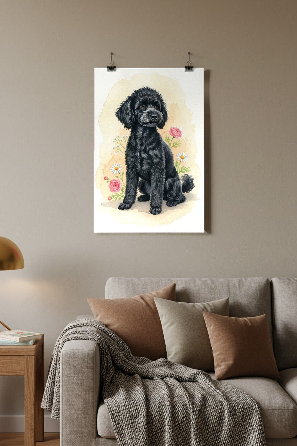 Black - Miniature Poodle watercolour print hung with clips in a family living room