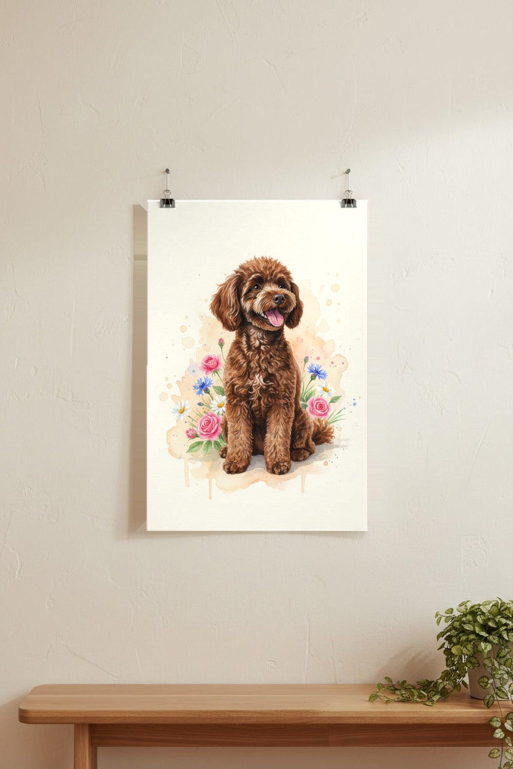 Brown - Miniature Poodle watercolour print hung with clips on a gallery wall