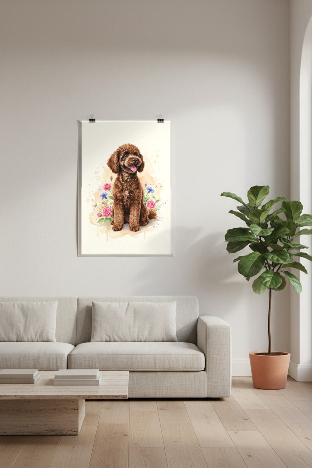 Brown - Miniature Poodle watercolour print hung with clips in a designer loft