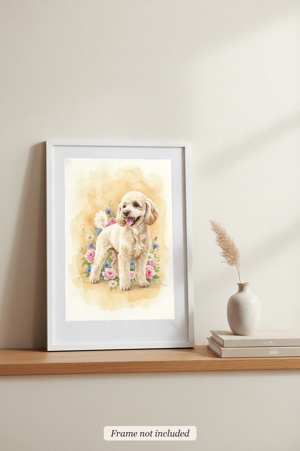 Cream - Miniature Poodle watercolour print in a slim white frame (frame not included), leaning on a picture ledge