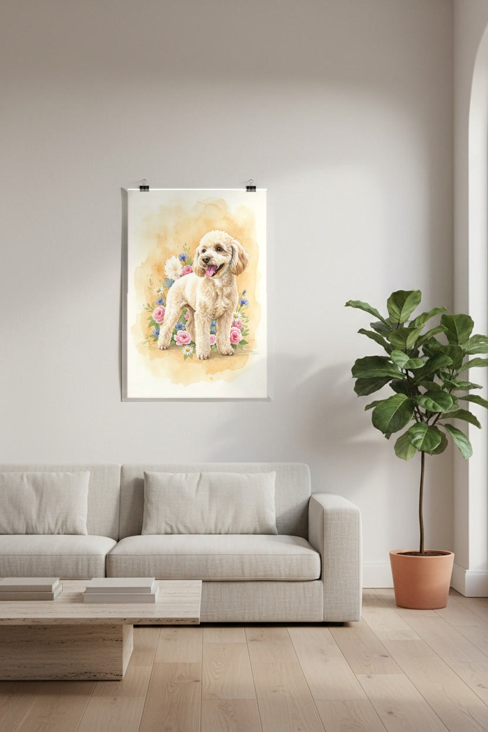 Cream - Miniature Poodle watercolour print hung with clips in a designer loft