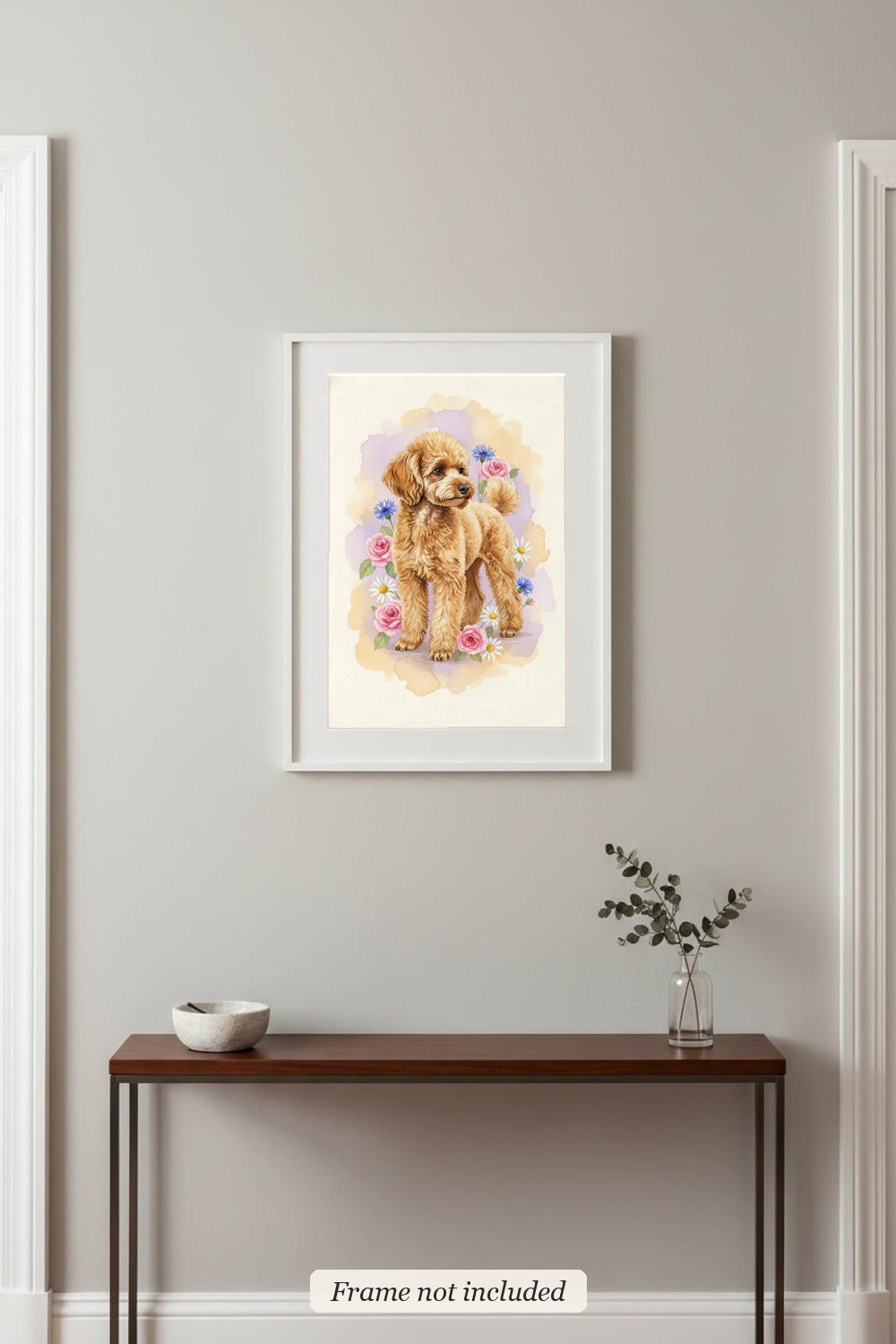 Apricot - Miniature Poodle watercolour print in a slim white frame (frame not included) in an entrance hall