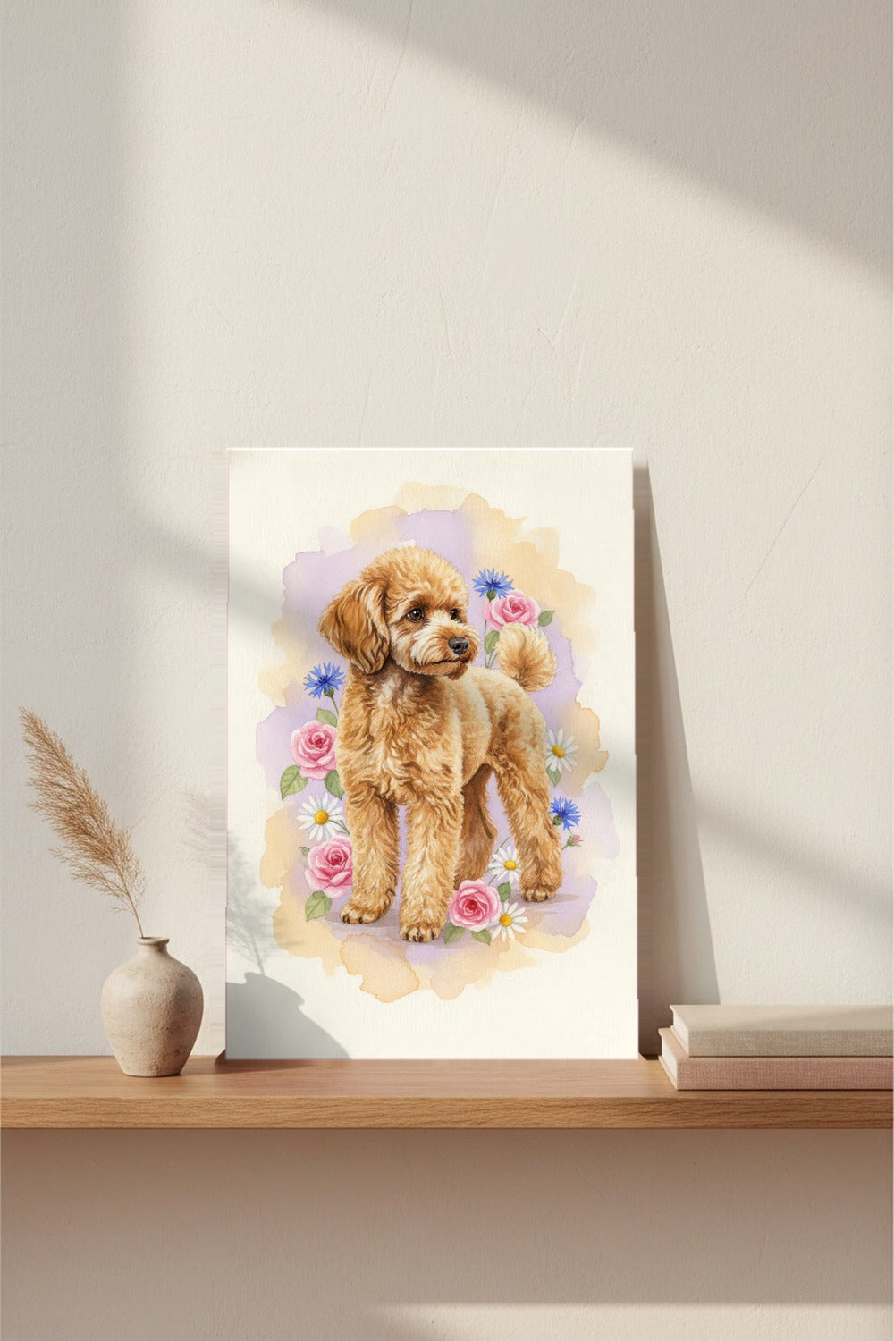 Apricot - Miniature Poodle watercolour print leaning on a picture ledge